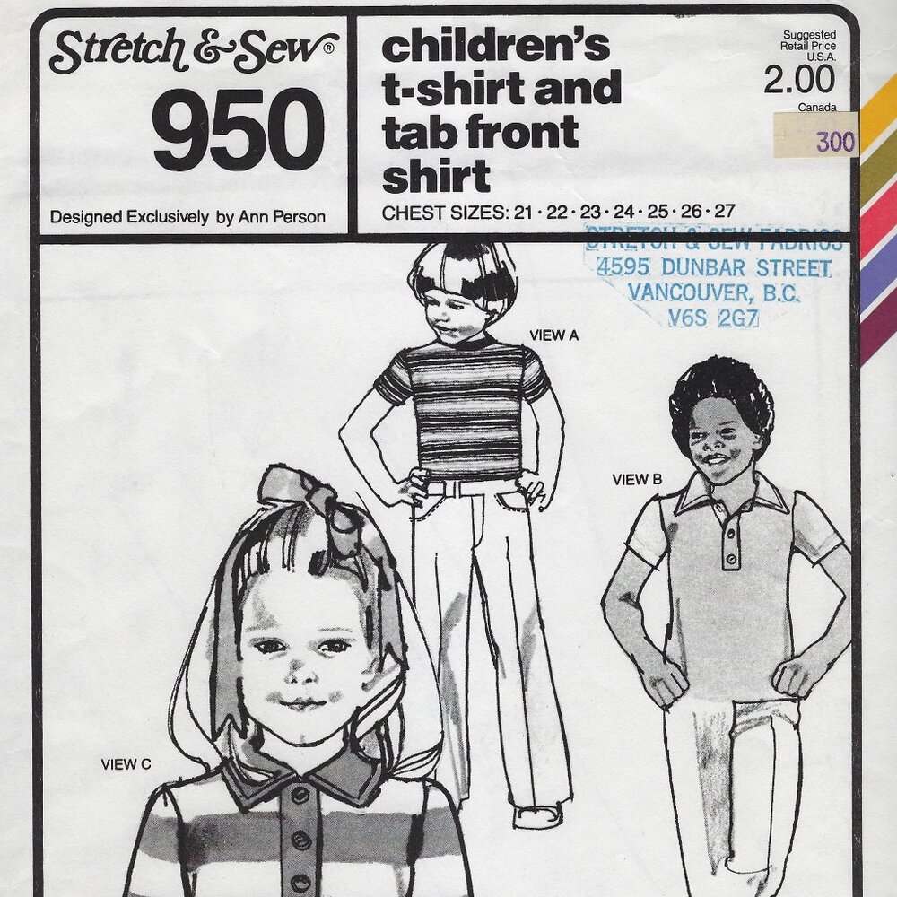 Stretch & Sew Pattern 950 Children's T-Shirt and Tab Front Shirt - UNCUT